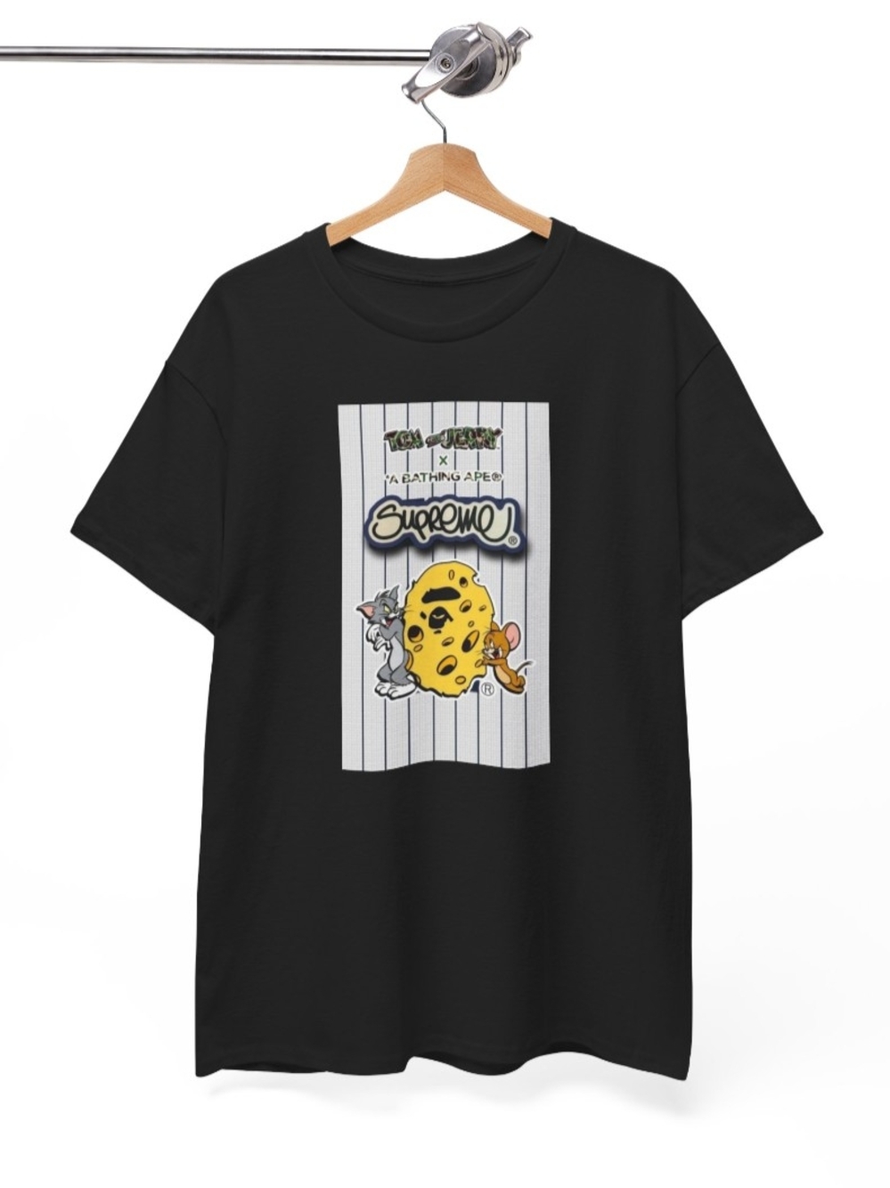 Supreme x A Bathing Ape Black Graphic Tee - Tom & Jerry Cheese Design